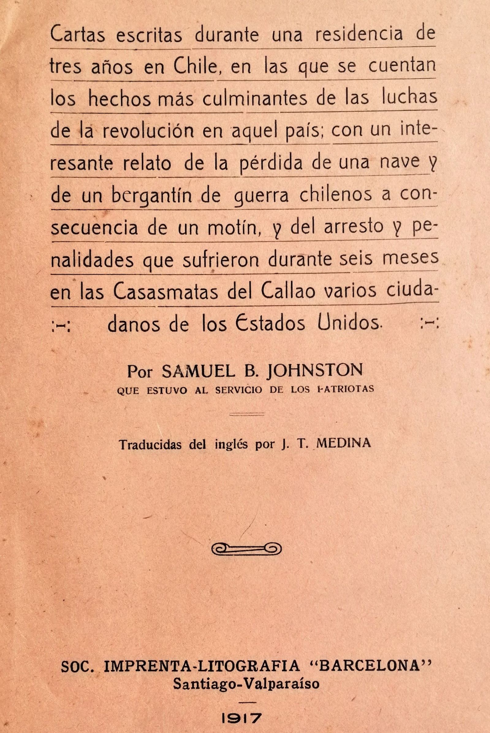 Samuel B. Johnston - Cartas escritas durante una residencia de tres años en Chile