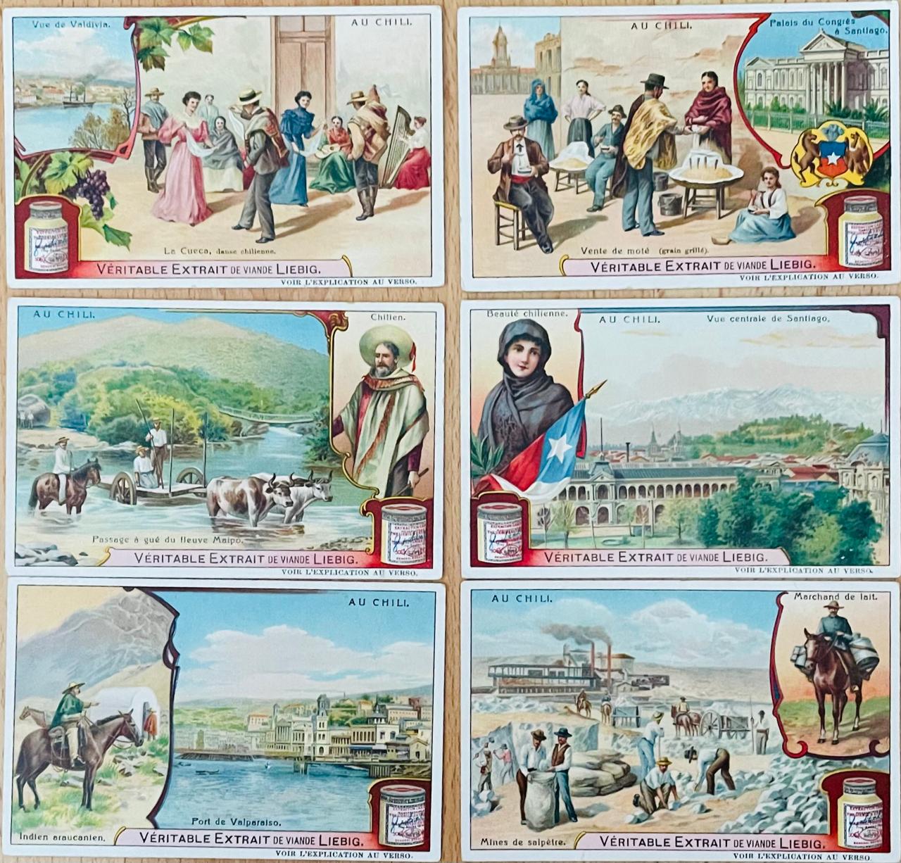 Compagnie Liebeg	Tarjeta coleccionable de publicidad de comida sobre  Chile y sus costumbres  en frances. 
