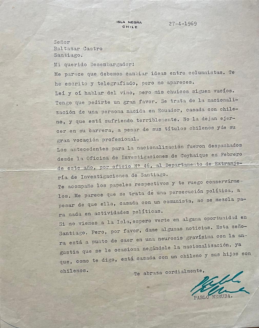 Pablo Neruda 	Carta a Baltazar Castro 