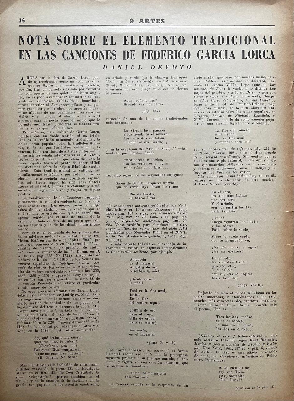 "Paz, Juan Carlos Sartoris, Alberto Obieta, Adolfo de Catalano, Eduardo F. Devoto, Daniel, entre otros "	"9 Artes  (3 números de 4) "