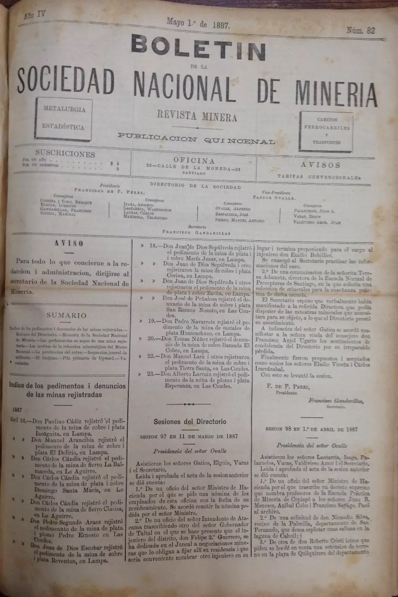 Boletin de la sociedad nacional de mineria 1884 - 1888 Año 1, N°2 al Año 5, N° 105. En total ofrecemos 104 números consecutivos.