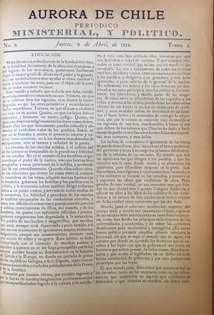 José Vicuña Cifuentes. Aurora de Chile 1812-1813. Reimpresión paleográfica a plana y renglón. 