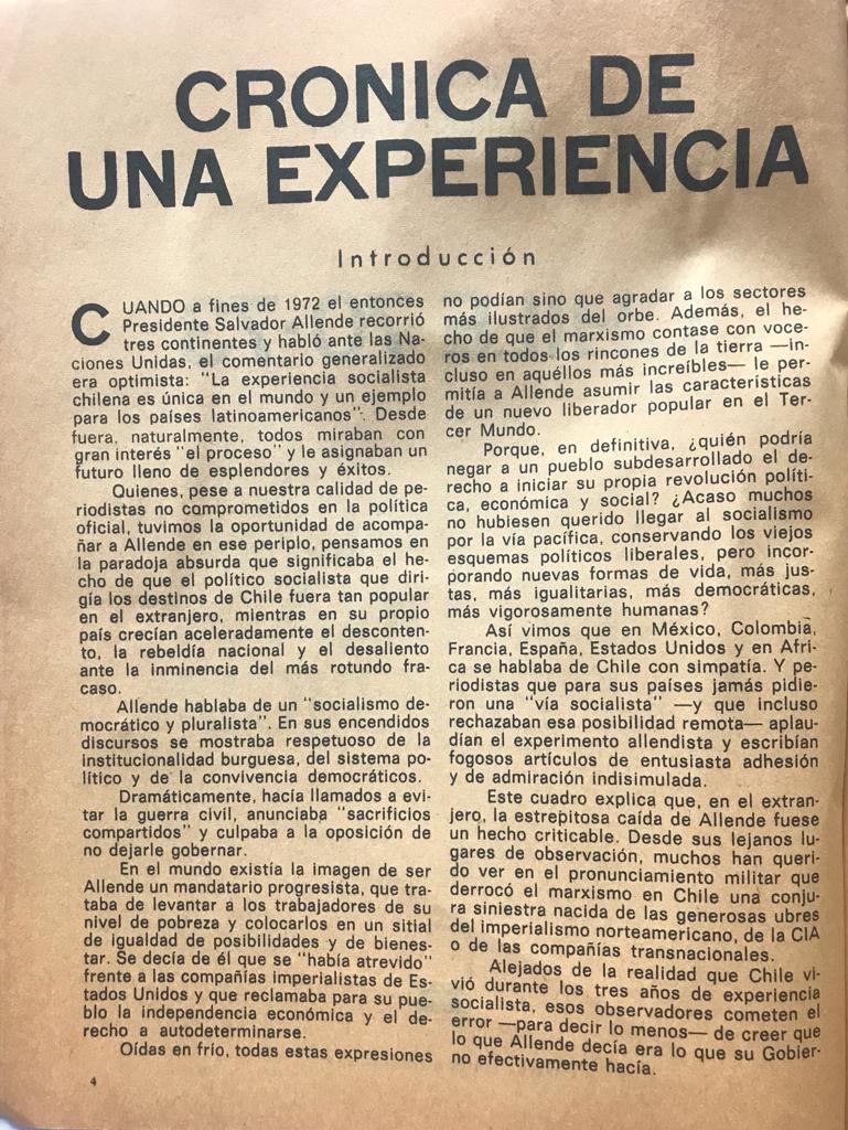 Hernán Millas y Emilio Filippi	Chile 70-73: Crónica de una experiencia