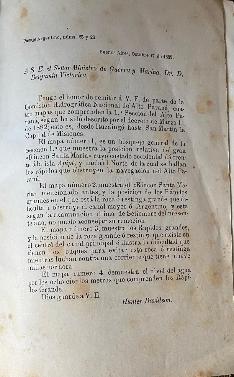 Hunter Davidson 	Informe de una Espedicion al Alto Parana para estudiar las mejoras necesarias en el "Salto Grande de Apipé". 